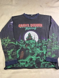 Vintage 1990s Grave Digger Monster Truck Black AOP Long Sleeve Shirt L Large - Picture 1 of 8