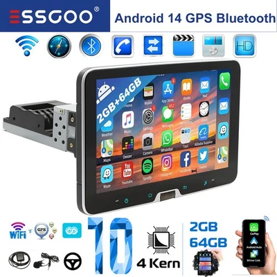 Autoradio 1 DIN 64GB Android 14 Carplay 360° Drehbar Bildschirm WIFI GPS Navi BT - Bild 1 von 4