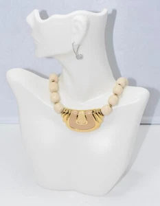 NAPIER Gold/Cream Enamel Pendant Gold Tone Lucite Beaded Statement Necklace - Picture 1 of 8
