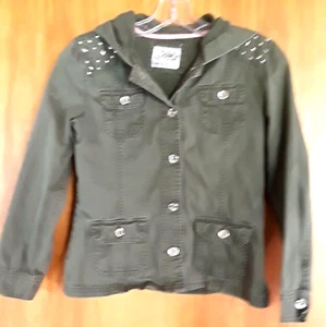 JUSTICE Coat Girl's Size 12 Army Green with hood embellished button front - Picture 1 of 6