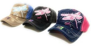 Baseballkappe Blume Libelle Damen abgenutzt verstellbar Mütze blau pink schwarz - Bild 1 von 4