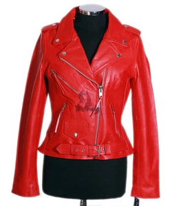 Ladies BRANDO RED Cowhide Biker Style Motorcycle Motorbike Real Leather Jacket - Picture 1 of 13
