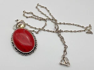 Vintage Sterling Silver 925 Pendant Necklace Oval Red Coral 13.26g - Picture 1 of 8