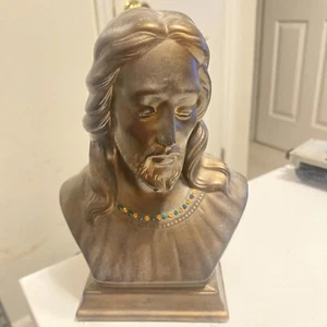 Vintage Bronze Holland Mold Ceramic Bust of Jesus Christ 7" Sequin Necklace-EUC - Picture 1 of 15