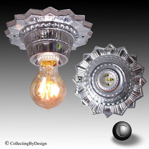 1930's Art Deco Sunburst Chrome Pressed Steel Ceiling Fixture (2 available) Cover