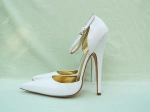 White Leather High Heel Ankle Strap Shoes with 6" Heels by Italian Heels - Picture 1 of 13
