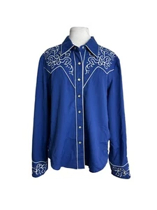 Scully Western Shirt Womens Size XL Embroidered Pearl Snap Rockabilly Rodeo Blue - Picture 1 of 7