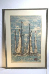 MID-CENTURY MODERN S/N LITHO BLUES SAILBOATS ABSTRACT HOLLYWOOD REGENCY LITHO - Picture 1 of 6