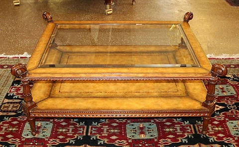 Maitland Smith Glass Top Mahogany & Leather Occasional Cocktail Coffee Table Cover