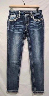 Pantalones de mezclilla ajustados Miss Me para mujer Y2K joya tachonados desgastados Rockstar 29x31 elásticos Foto 1 de 4