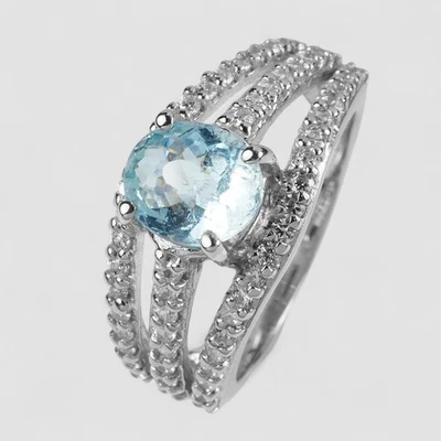 Dazzling Blue Aquamarine 1.04Ct Rings 925 Sterling Silver Handmade Fine Jewelry - Image 1 of 4