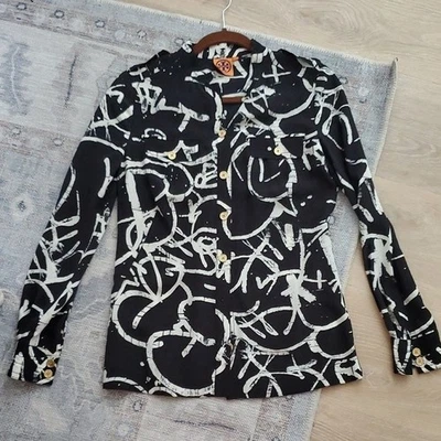 Tory Burch Black And White Geometric 100% Silk Button-up Blouse Sz2 - Image 1 of 4