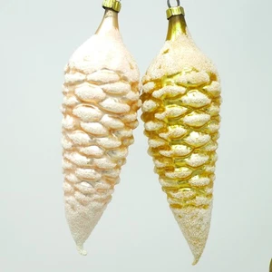 Juego de 2 adornos de vidrio soplado a mano vintage de cono de pino amarillo y rosa de 6,5" - Imagen 1 de 7