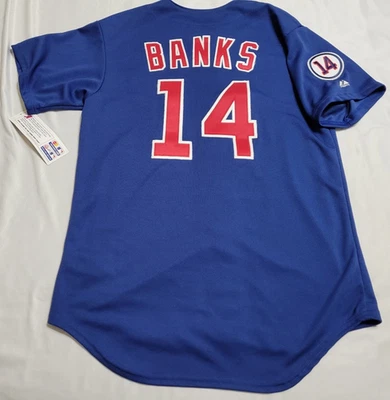 ¡Auténtico! Majestuosa, MEDIANA, CHICAGO CUBS ERNIE BANKS ON FIELD CAMISETA BP Foto 1 de 4