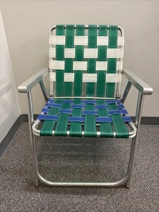 Sedia prato esterno vintage anni 60 alluminio tessuto terrazzo sole verde bianco blu - Foto 1 di 24