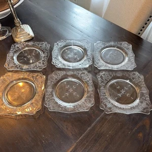 Set of 6 Vintage Rock Sharpe Floral Etched 7" Clear Glass Square Plates - Picture 1 of 6