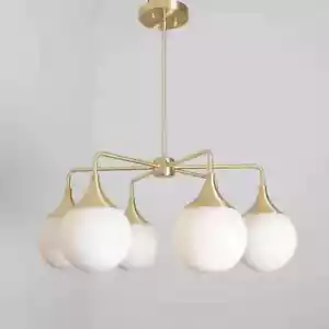 Chandelier Modern Brass Statement Mid Century White Globe Lights Ceiling Fixture - Picture 1 of 6