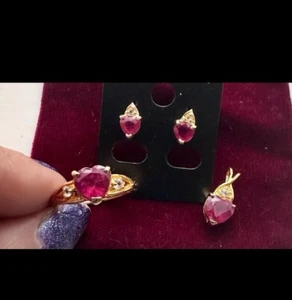 TJC Red Heart Shaped Ruby & Topaz Ring M/6 Pendant & Earrings 14K GoldPlated Set - Picture 1 of 24