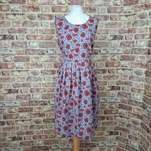 Seasalt Seamstress Dress 16 Grey Red Floral Tie Waist 100% Cotton Flare - Picture 1 of 12