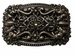 2010 BELT MAISON Ornate Heavy Metal Buckle with Center Crystal 3.5"x2" Rectangle - Picture 1 of 6