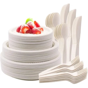 360 Pieces Disposable Dinnerware Set 60 Guests, Compostable Paper Plates White - Picture 1 of 7