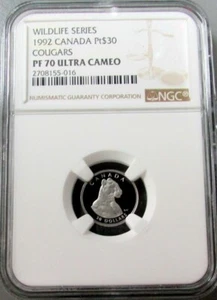 1992 PLATINUM CANADA COUGAR 1,000 MINTED NGC PROOF 70 UC $30 WILDLIFE COIN - Picture 1 of 3