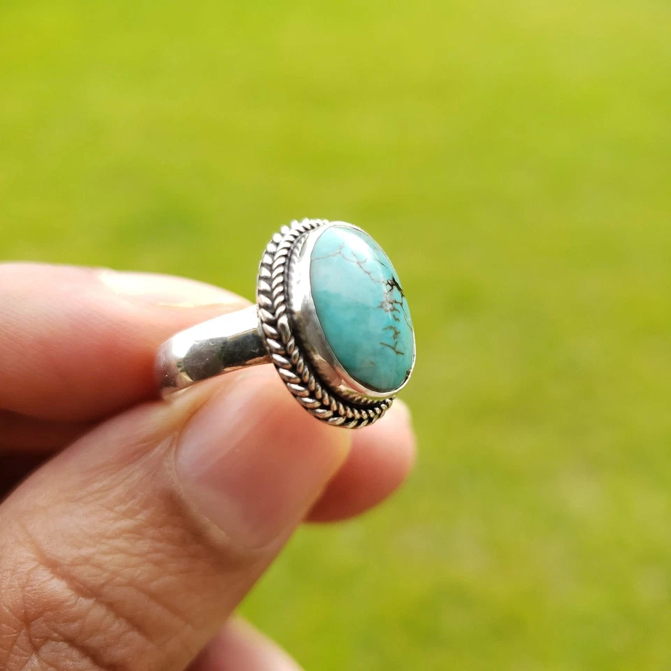 Genuine Turquoise Ring 925 Sterling Silver Gem Stone Ring Boho Turquoise Ring - Image 1 of 4