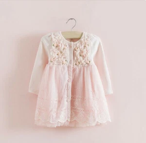 Neu Spitze Blume Langarm Party rosa Baby Mädchen Kleid Kinder Hochzeit Kleidung UK - Bild 1 von 4