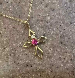 1Ct Round Cut Lab-Created Red Ruby Cross Pendant Necklace 14K Yellow Gold Plated - Picture 1 of 7