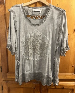 Elisa Cavaletti Women’s XL Grey Embellished Top Shirt Embroidered Short Sleeve - Picture 1 of 9