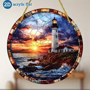 Lighthouse Sunset Ocean Waves Suncatcher Stained Glass Effect Decor Gift - Picture 1 of 4
