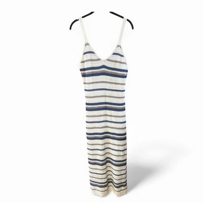 Vestido de malha Freshman 1996 crochê tamanho P EarthTones listra midi forrado stretch boho - Imagem 1 de 4