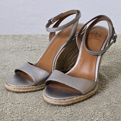TORY BURCH Alpargatas de Cuña 9M "Landon" Plateado-Cuero Tacones Zapatos Correa al Tobillo Foto 1 de 4