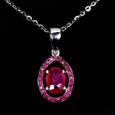 925 Sterling Silver Necklace Oval Ruby 7x5mm Ruby Diamond Cut Gemstone 18inches - Image 1 of 4