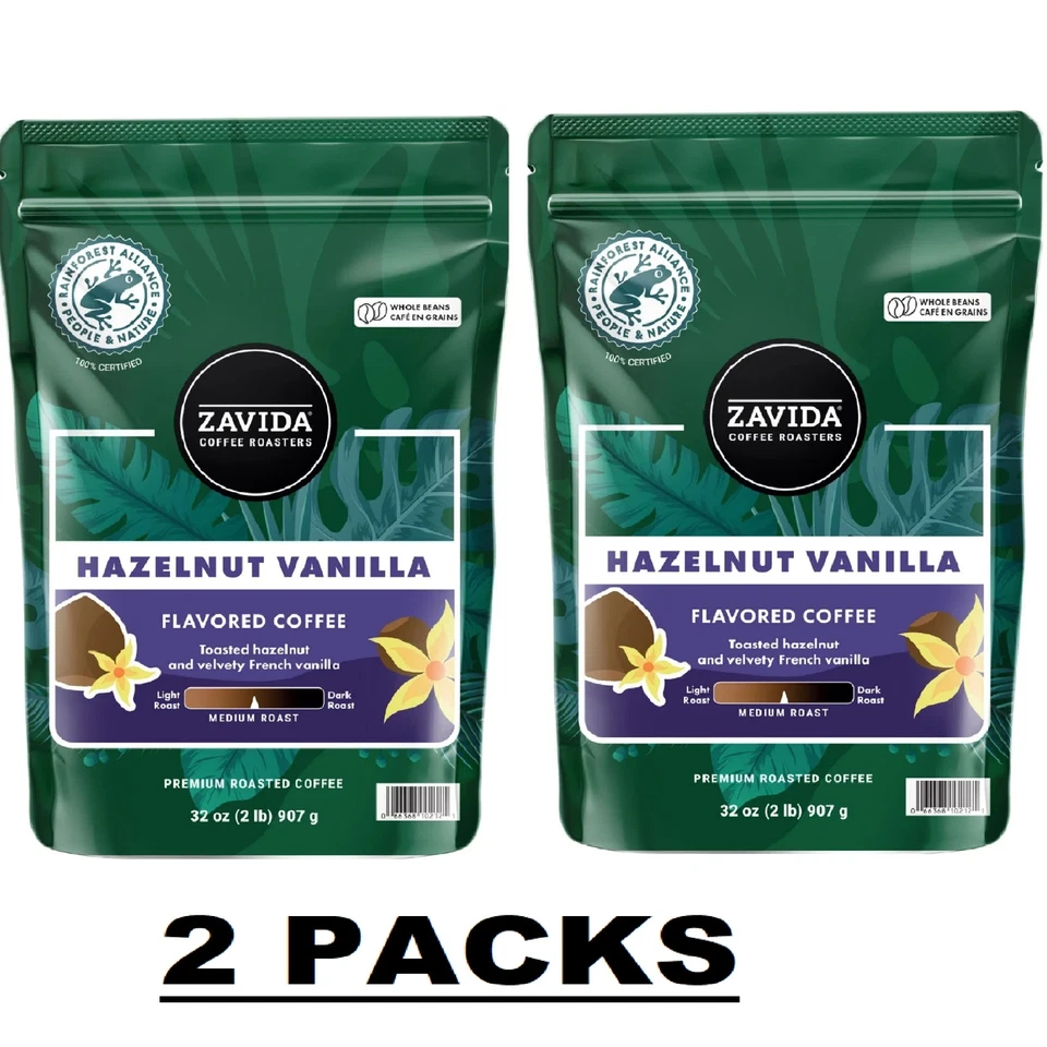 Zavida Hazelnut Vanilla Medium Roast Whole Bean Coffee 2 2lb Bags 32 Oz