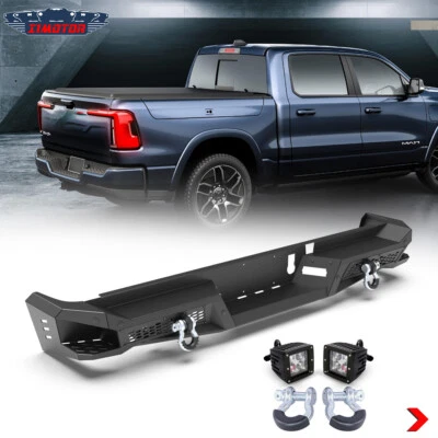 Heavy Duty Steel Rear Bumper For 2019-2024 RAM 1500 w/2*LED Lights+2*D-Rings Set - Image 1 of 4