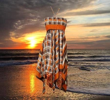 Womens Boho Sundress, Halter Dresses, Orange Brown Summer Dress, Printed S/M