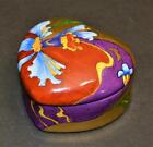 Signed Dm Hand Painted Red Gold Orchid Flower Heart Shape Trinket Box