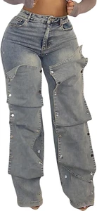 Women Cargo Jeans High Waisted Straight Wide Leg Jeans Pants Button Detachable D - Picture 1 of 5