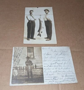 2 Cartoline RPPC Pesca Muskie Catch + Basso Bianco Uomo e Ragazzo - Foto 1 di 2