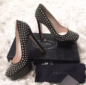 Prada Black Leather Silver Spike Embellished Platform Heels 38.5 - Picture 1 of 4