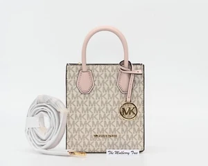 Michael Kors MK Mercer Extra Small Shopper Canvas Leather Crossbody Purse Pink - Picture 1 of 12