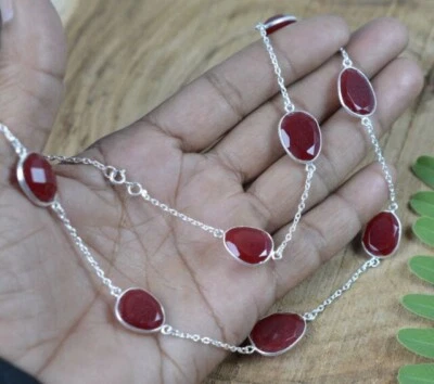 Handmade Red Ruby Gemstone 925 Sterling Silver Link Necklace Anniversary Gifts - Image 1 of 4
