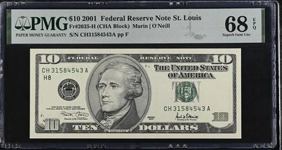 2001 $10 Federal Reserve Note Fr-2035-H St. Louis PMG68 Superb Gem EPQ - Image 1 of 2