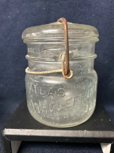 Vintage Atlas Whole Fruit 1 Pint WIDE MOUTH Canning Jar Glass Lid & Wire Bale - Picture 1 of 1