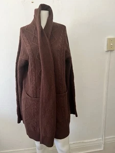 Fiorla Brown Cashmere Sweater Long Duster Jacket Size Medium Cable Knit Pattern - Picture 1 of 9