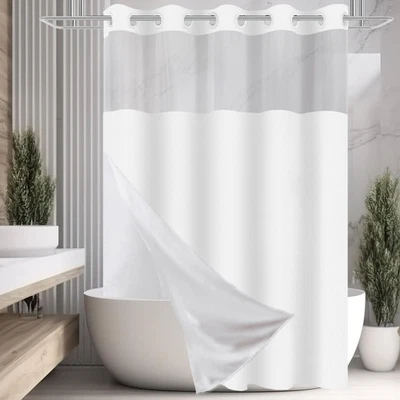 Cortina de Ducha Sin Gancho con Juego de Forro de Tela a Presión, Blanco Chevron Hotel Sty... Foto 1 de 4