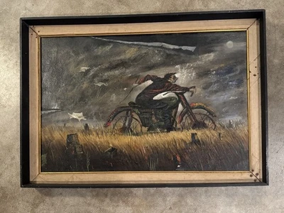 Pintura original de Kenn Davis 1959 arte surrealista americana motocicleta steampunk - Imagem 1 de 4