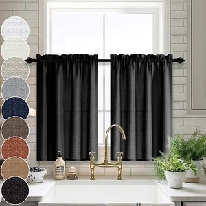 Black Bathroom Window Curtains Semi Sheer Kitchen Curtains 24 Inch Length Sets O - Picture 1 of 8