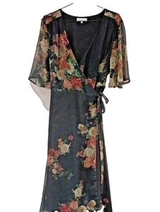 RJR John Rocha Women's Wrap Dress 18 Black Floral Mix Short Sleeve Tie AA1 - Picture 1 of 5